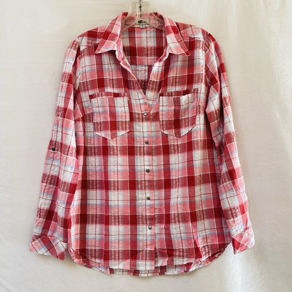 Kut from the Kloth Top Womens Small Red Plaid Shirt Long Sleeves Casual Western